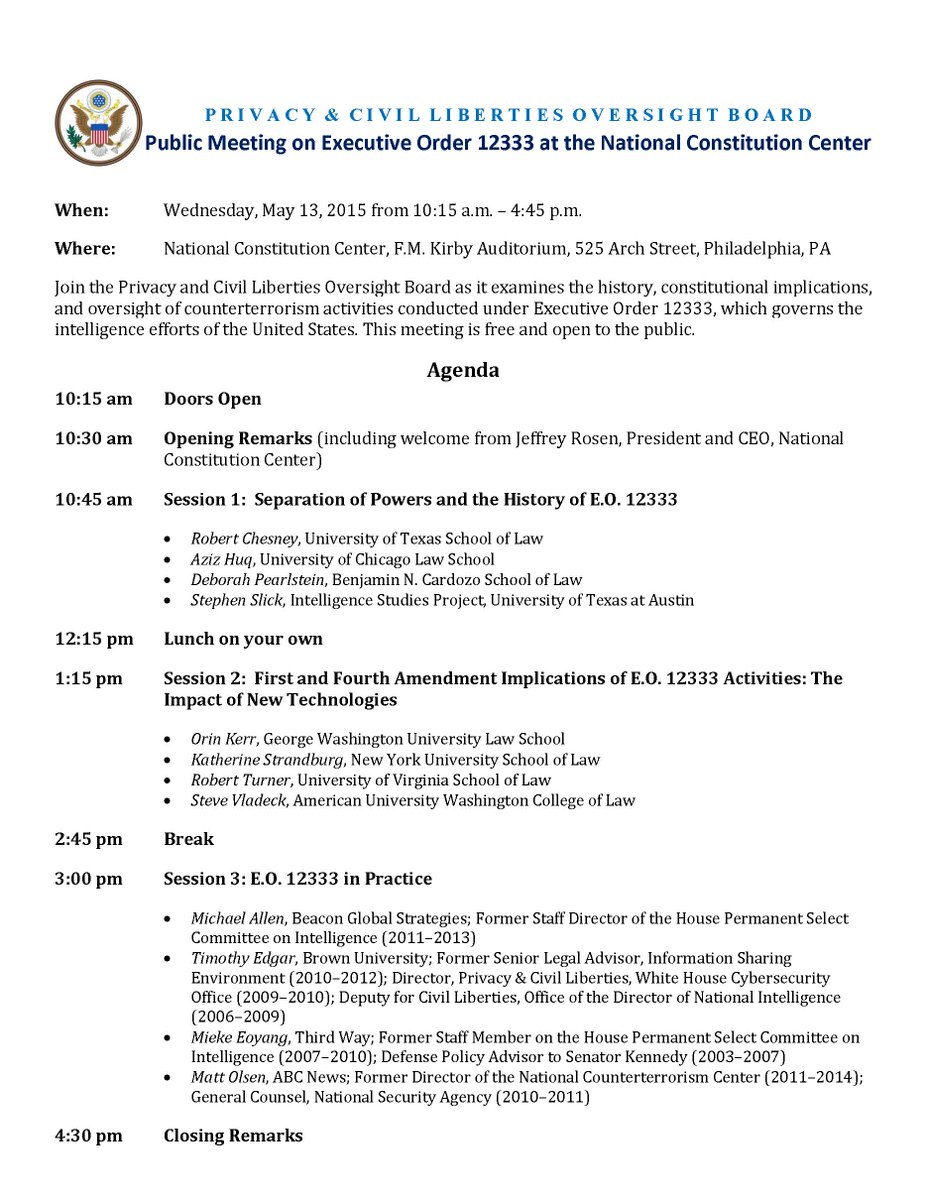 steve_vladeck's tweet image. Great lineup for May 13 #PCLOB event  (@ConstitutionCtr) on history of &amp;amp; challenges to #surveillance under EO 12,333: