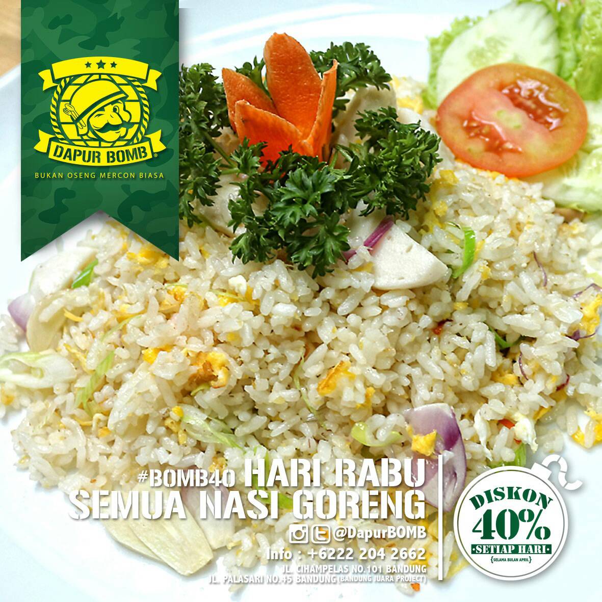 #MenuBOMB: DISKON 40% hari ini?! Aneka NASI GORENG komandan! serbu! serang! gempur! AJAK PASUKANNYA!  #kulinerbdg >