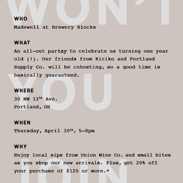 Join us <a href="/portlandsupply/">Portland Supply Co.</a> and <a href="/madewell1937/">madewell</a> Portland to celebrate the stores one year anniversary! #madewellportland