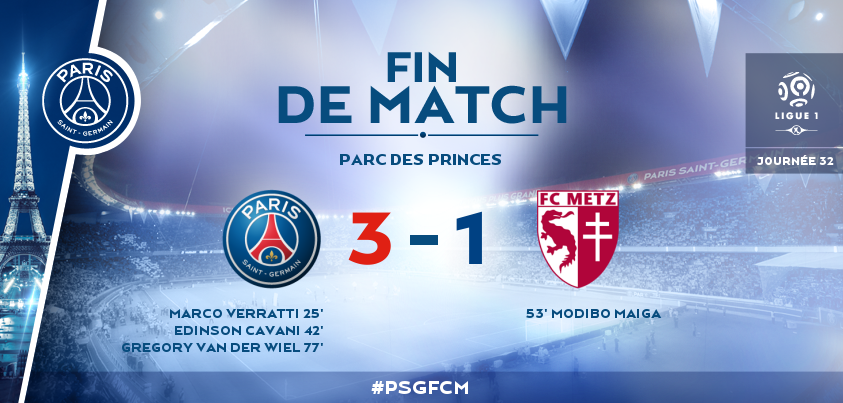 PSG_inside's tweet photo. 90+4' Fin du match, le Paris Saint-Germain s'impose 3 buts à 1 face à Metz !! #PSGFCM http://t.co/PhWZKUIGK8