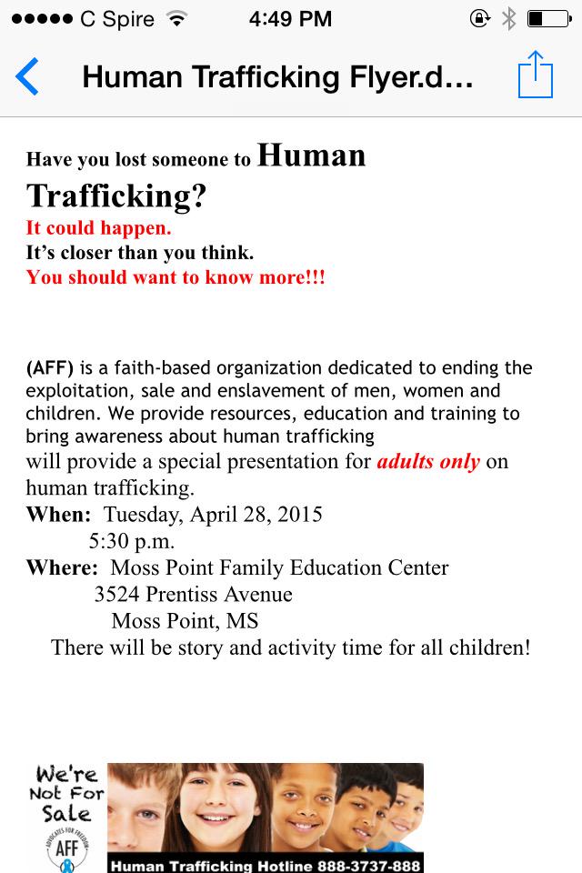 MP adults AAF Human Trafficking info seminar tonight at 5:30 FEC building. Kids will have other activities and pizza