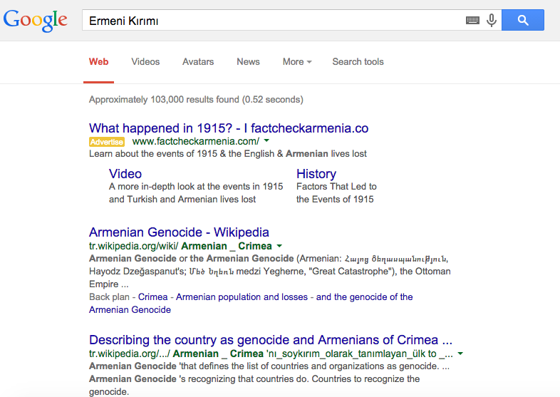 motherboard's tweet photo. Google searches are promoting Armenian genocide denial:
http://t.co/vowl5gM6JO http://t.co/RAbaFdkcxD