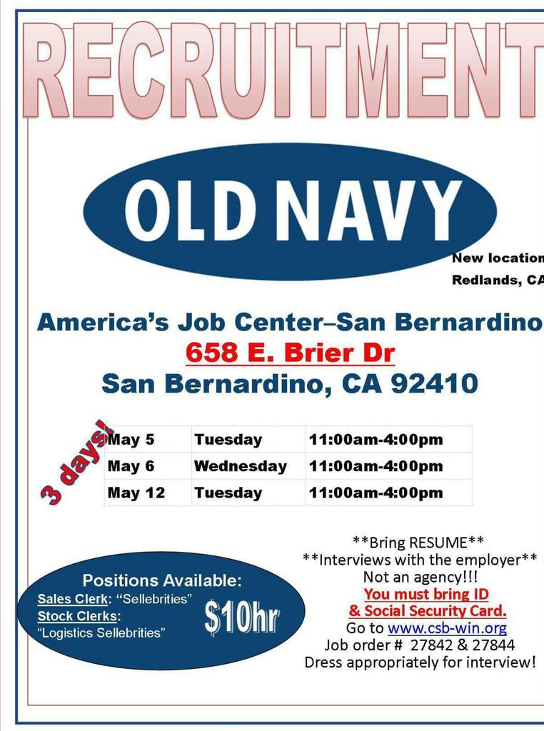 IE_JobBoard's tweet photo. 🚨Brand New Old Navy in Redlands is hiring for many FT &amp; PT Retail positions. $10 an hour. May 5, 6, &amp; 12 @ 11-4 p.m. http://t.co/yJ9lKic3h1