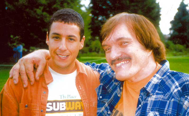 DaysBack's tweet image. Adam Sandler and Richard Kiel on the set of Happy Gilmore