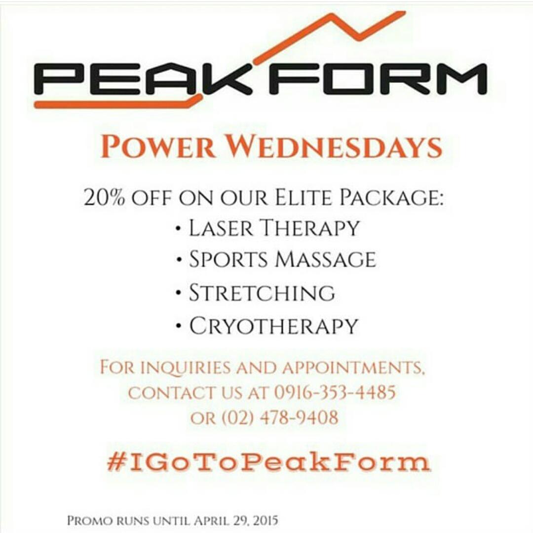 PeakFormManila's tweet photo. Last day to avail of our Power Wednesdays! 20% off on our Elite Package! Book your appointment now! http://t.co/cIVYdDDGHx