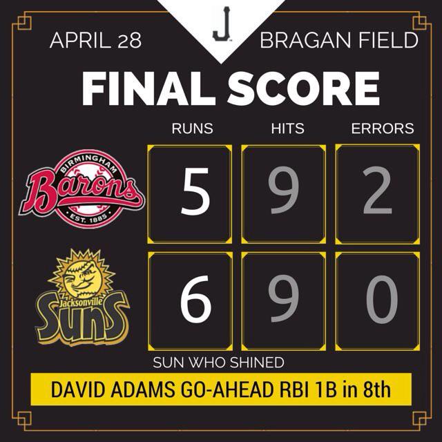 JaxShrimp's tweet image. David Adams the hero as the Suns beat the Barons 6-5!!!