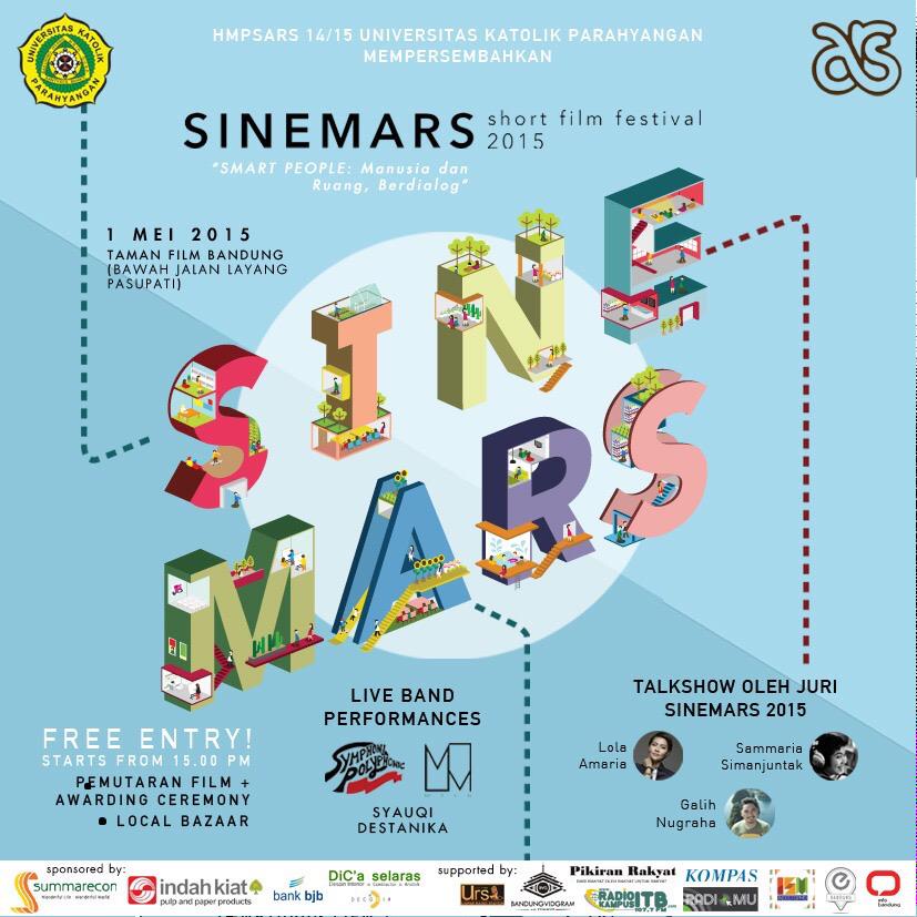 SINEMARS 2015 
SMART PEOPLE: manusia dan ruang berdialog
Jumat, 1 Mei 2015 15:00- end <a href="/Taman/">TAMAN</a> Film Bandung
FREE ENTRY!