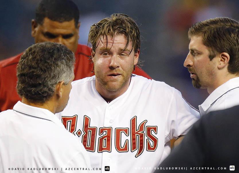 GolfNBS's tweet photo. Video: Archie Bradley left game after taking a 115 mph line drive to the face. Watch > http://t.co/VdgbiFEMok http://t.co/vWfM8piM8V