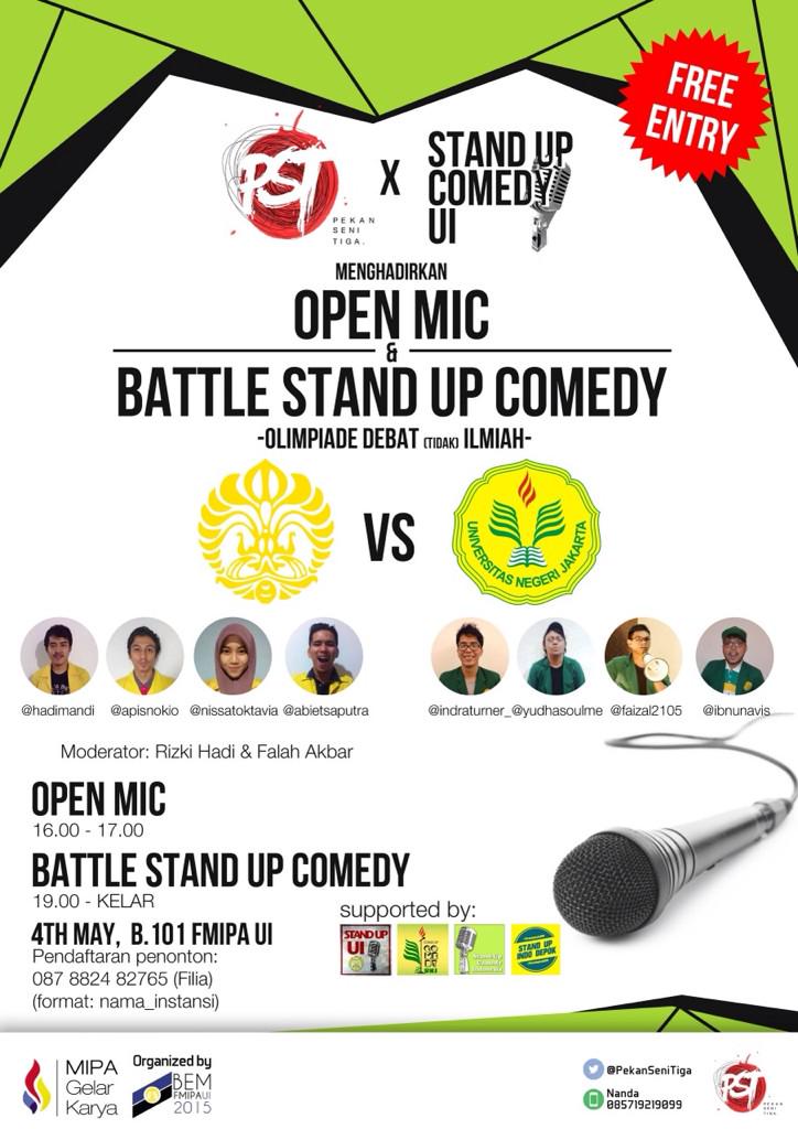 Olimpiade Debat (tidak) ilmiah @standup_UI vs <a href="/StandUpUNJ_/">Stand Up Comedy UNJ</a> | 4 mei 2015 | gd B101 mipa UI | htm: free, buruan daftar.