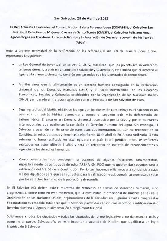 _MoisesRivera_'s tweet photo. Comunicado de organizaciones juveniles, entre ellas, Activistas, @lideres_sv, ante la ratificación del art 69 http://t.co/0OJUwZBbzK