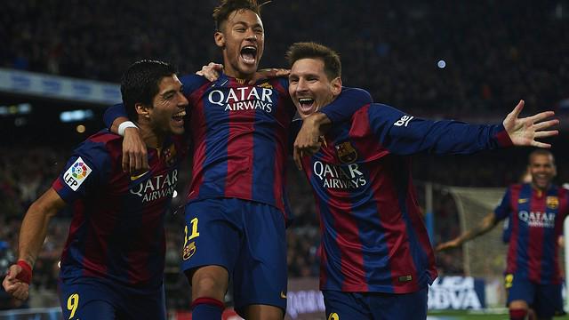FCBarcelona's tweet photo. 102 goals for the FC Barcelona 'trident': Leo Messi, Neymar and Luis Suárez http://t.co/aHbHuv38GE http://t.co/GdQH03lOle