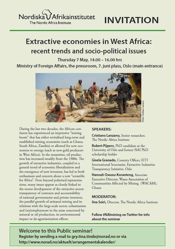 noradno's tweet photo. Seminar 7 mai om #gruver #utvinning #økonomi i #VestAfrika http://t.co/5Ns0A1qOW3 @NordicAfrica @EITIorg #NAImining http://t.co/303Ww4SNJr