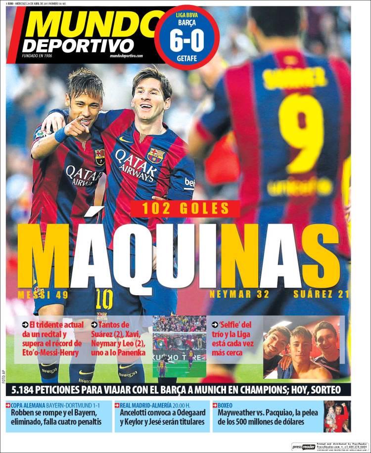 NeymarDaFans's tweet photo. Messi, Neymar and Suarez on the front page of @mundodeportivo today: 'MACHINES' http://t.co/XFoflW3Z2U