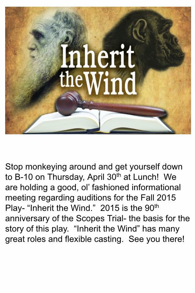 ryan_the_ryan's tweet photo. AUDITION FOR INHERIT THE WIND! Come to the informational this Thursday! we'll be passing out character descriptions. http://t.co/EdZRv1qF1L