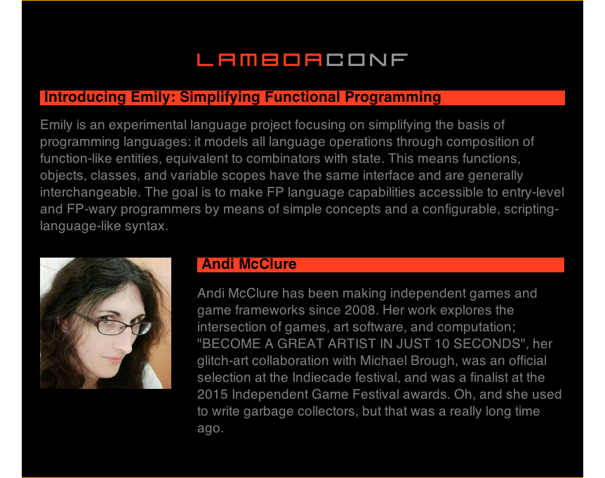 lambda_conf's tweet photo. Don't miss @mcclure111 introducing the world to Emily (conference debut!), a new PL to make FP accessible! #7daysofλ http://t.co/1mB1HXx65F