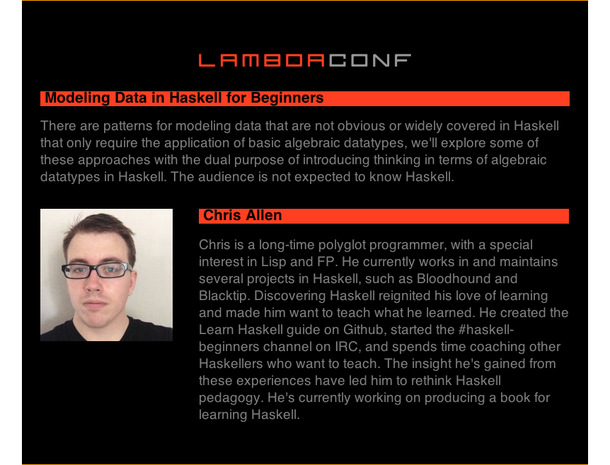 lambda_conf's tweet photo. If you're new to FP, don't miss @bitemyapp's eye-opening workshop on modeling data in Haskell! #7daysofλ http://t.co/vGVw0LOhSv