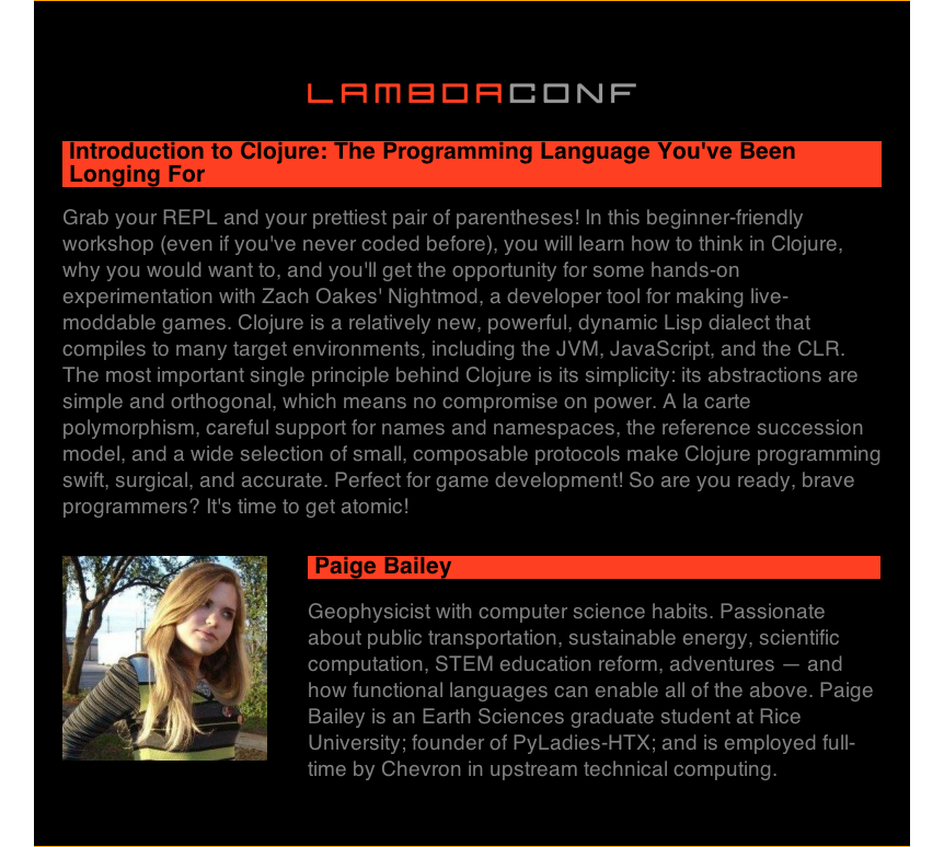 lambda_conf's tweet photo. .@DynamicWebPaige will teach you FP (Clojure) doing game dev, even if you've never programmed before!! #7daysofλ http://t.co/aOQ7ibRhwu