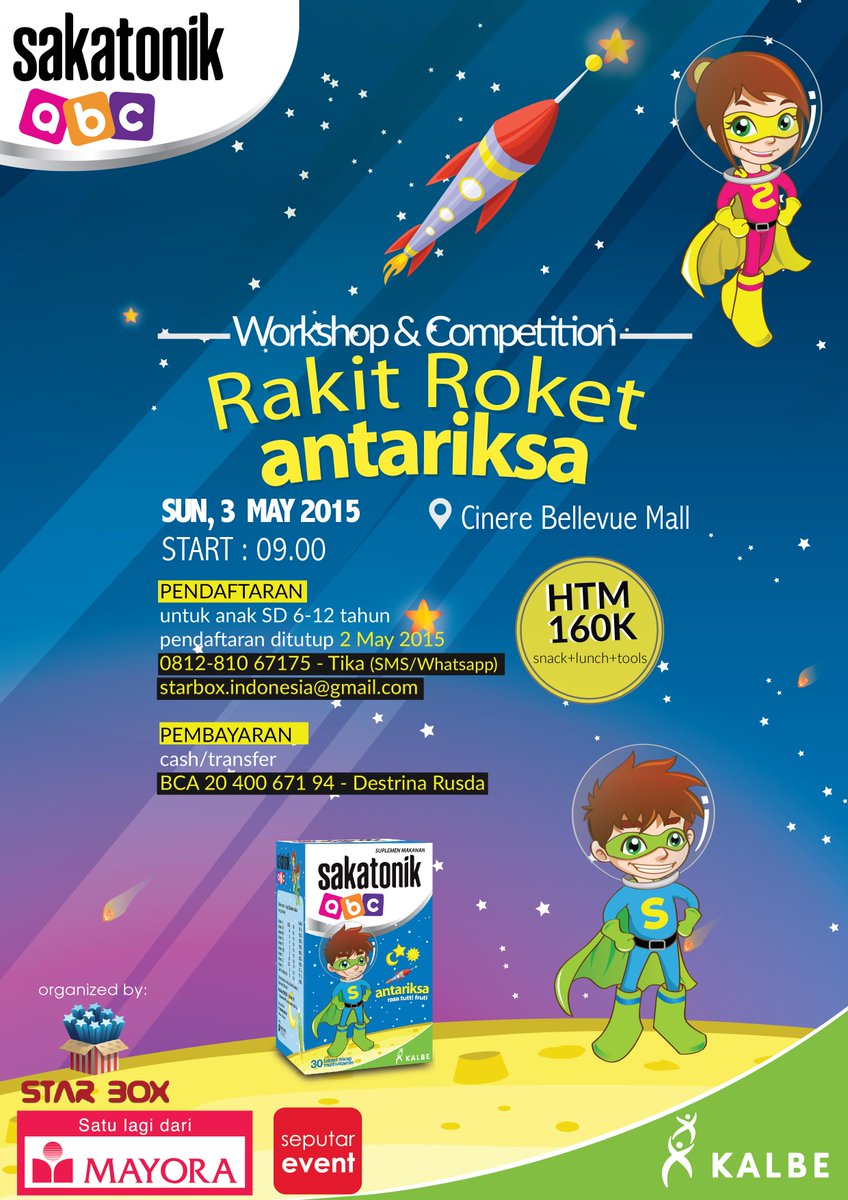 SeputarEvent's tweet photo. Ikuti Workshop &amp; Competition Roket Air @starbox_agency | Minggu 3 Mei'15 | U/ anak2 6-12th| at Cinere @bellevuemall http://t.co/TbdmSm4vld