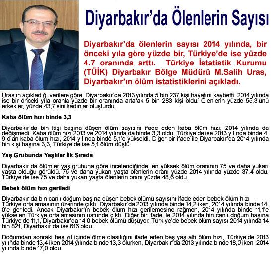 Diyarbakır’da ölenlerin sayısı 2014 yılında, bir önceki yıla göre %1, Türkiye’de ise %4.7 oranında arttı.