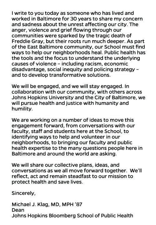 JohnsHopkinsSPH's tweet photo. A message from #JHSPH Dean @MikeKlag regarding the recent events in #Baltimore: http://t.co/UE2Ecul4IO