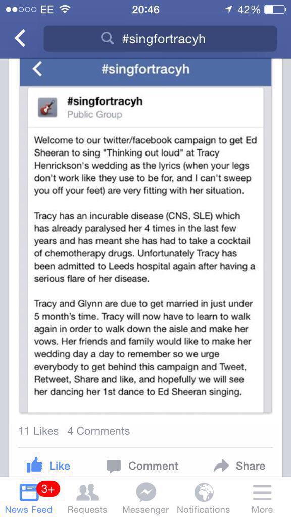 kate_baldwin_14's tweet photo. @TwistandPulse @Emmapelling19 Please RT #singfortracyh We'd like @edsheeran to sing for this brave lady's wedding xx http://t.co/5SZp3dDqJN