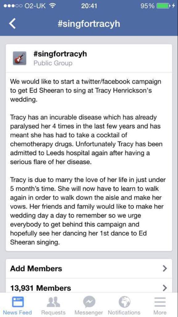 1997Jackstevo's tweet photo. Let's get @edsheeran to sing for this women! I know you can see my tweets you follow me remember 😜😘 #singfortracyh ❤️ http://t.co/KqjHs4z9aR