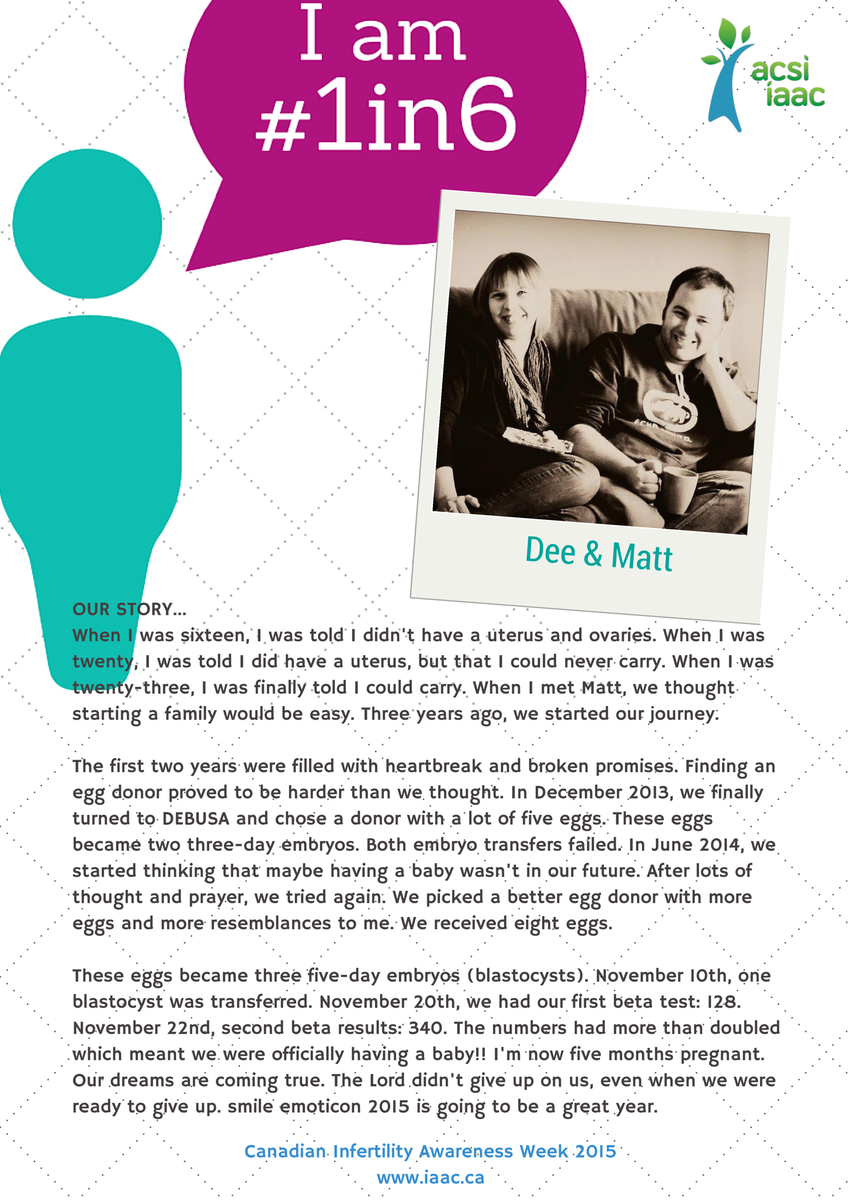 FertilityMattrs's tweet photo. Our #1in6 campaign is launching May 1st Heres a teaser! Check out Dee and Matt's story. #CIAW2015 #infertilitystories http://t.co/AevVyJ8vE6