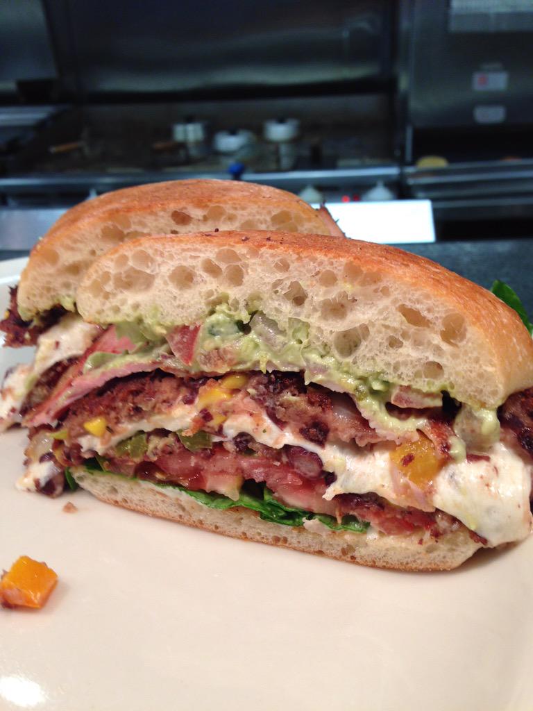 BadDaddysRAL's tweet photo. House made black bean burger stuffed with mozzarella, ham, guacamole, jalapeños, poblano mayo, telera roll. http://t.co/EReflUtL5d
