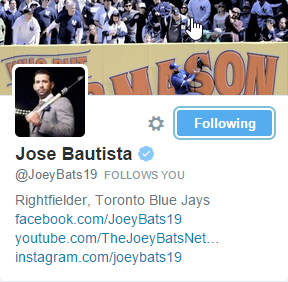 bballisbest's tweet photo. How in the world am I being followed by @JoeyBats19? (Jose Bautista) http://t.co/YgvfyoXnFp