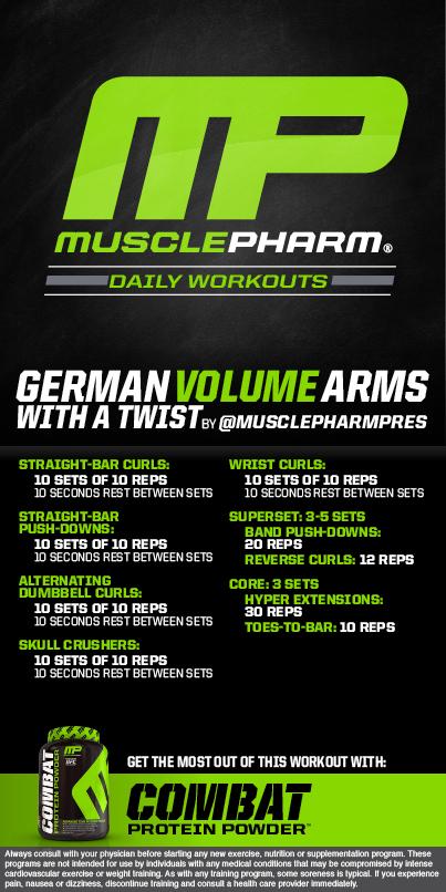 MusclePharm's tweet photo. #MP Workout of the Day!
German Volume Arms with a Twist by @MusclePharmPres 
Powered by #Combat! http://t.co/GeCwhjTs2v