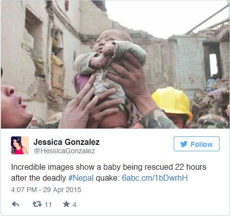 Independent's tweet photo. Incredible images show 'miracle baby' pulled from rubble 22 hours after Nepal earthquake  http://t.co/9HCsaYZKu7 http://t.co/dm7kXjunvE