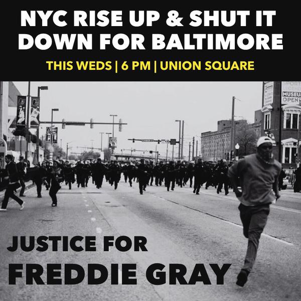 ShutItDownNYC's tweet photo. TONIGHT: Union Square (north side) @ 6 PM
NYC marches in solidarity w/ Baltimore 
We demand justice for #FreddieGray http://t.co/HBzYEs7gom