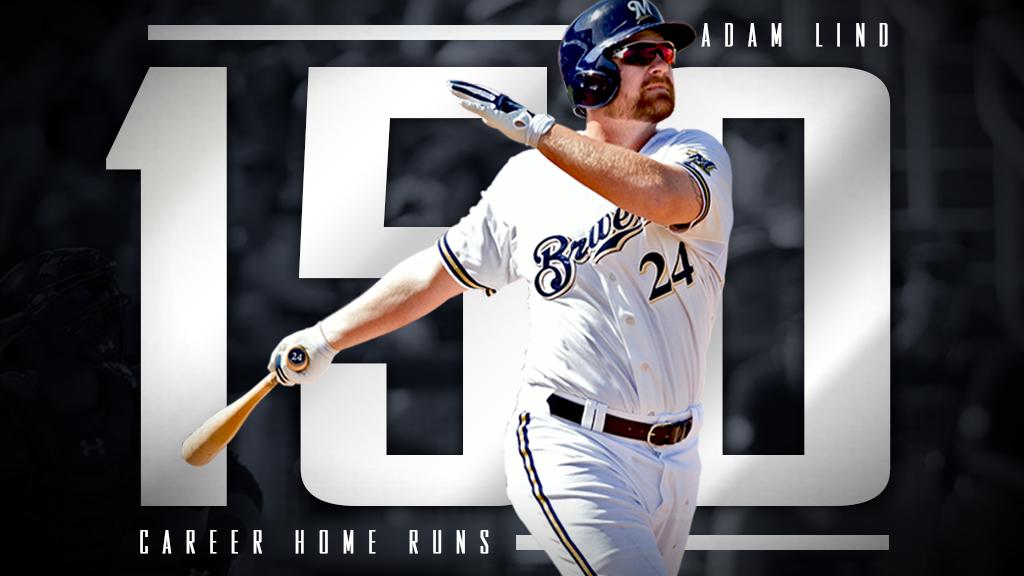 Brewers's tweet image. Adam Lind blasts his 150th career home run to tie the game at 1! RT to say congrats.