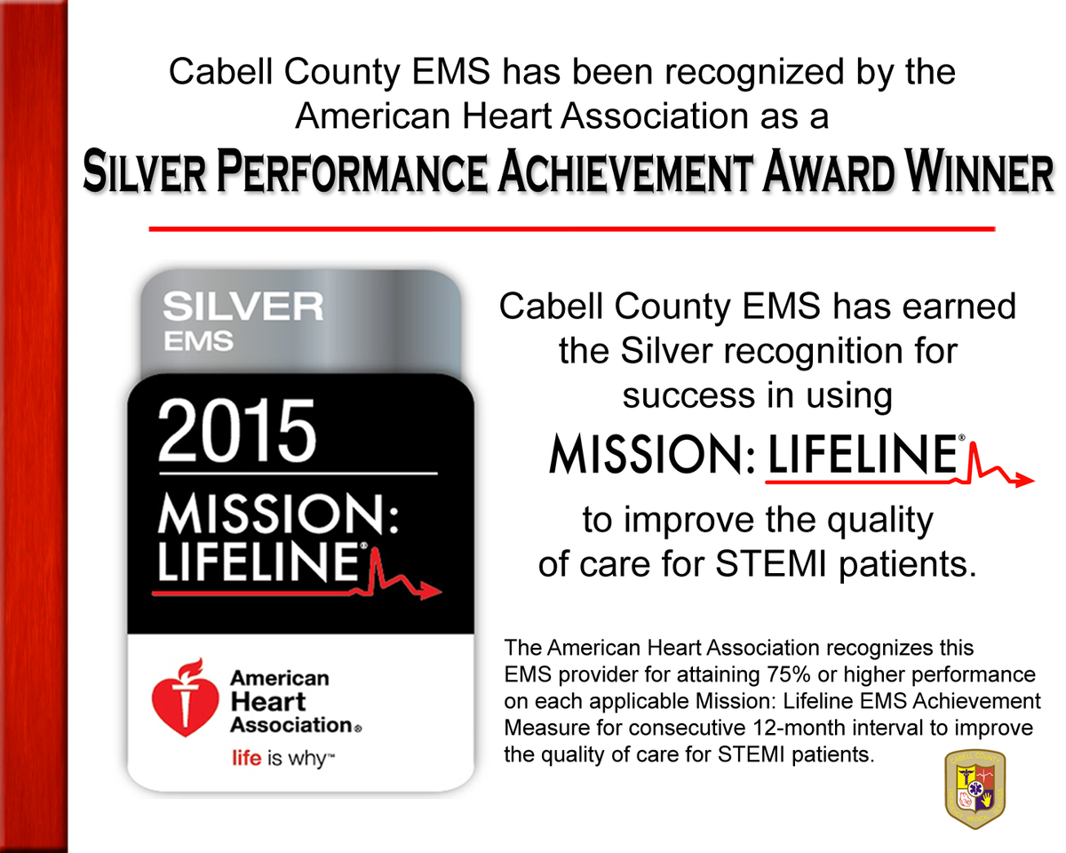 CabellCountyEMS's tweet photo. CCEMS has been recognized by the American Heart Association as a Silver Performance Achievement Award Winner. http://t.co/64RTBvDwnS