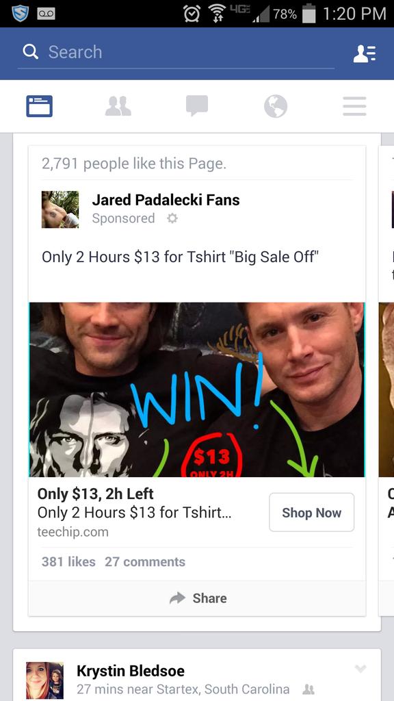 AMarthers's tweet photo. @JensenAckles @jarpad Fake site selling your shirts ppl don't know and are buying them http://t.co/SMg1m8dDl9