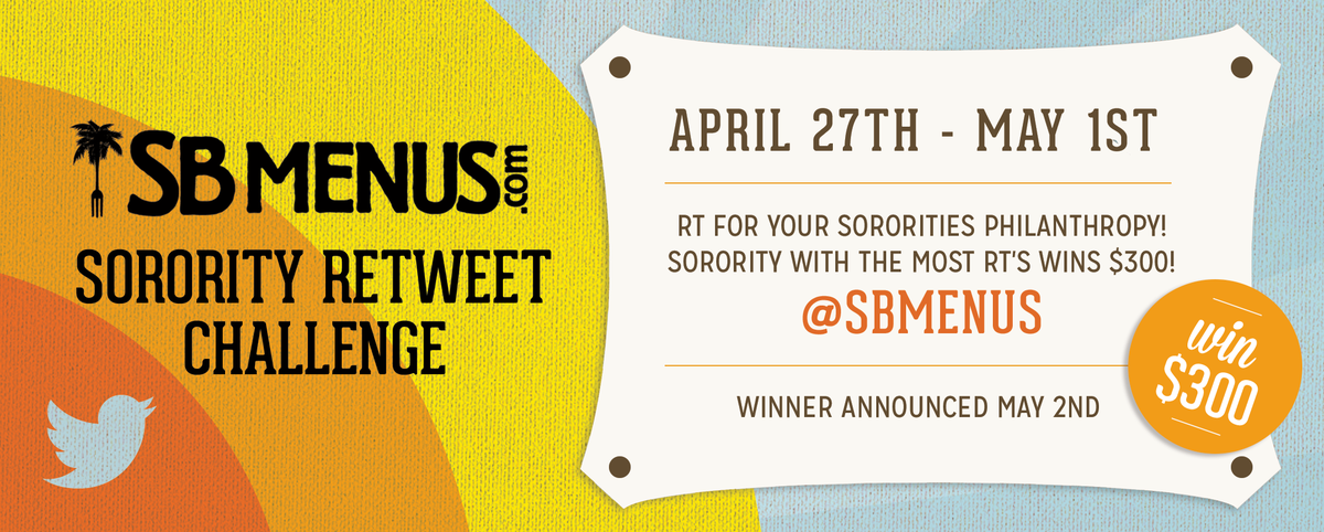 SBmenus's tweet photo. Hey @UCSBDeltaGamma Follow and RT for your chapter to WIN $300 for your philanthropy! Good luck ladies! http://t.co/K8gwwudEW1