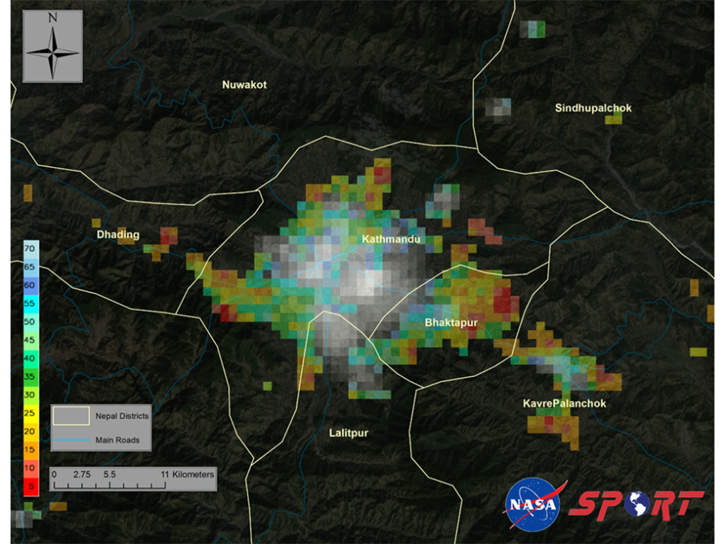 NASA's tweet photo. We developed satellite images to aid post-earthquake analysis &amp; assessment in #Nepal: http://t.co/n7ZGeTJkQX http://t.co/BGwA6Vr4uw