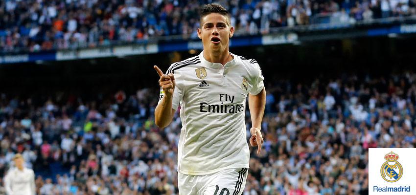 realmadrid's tweet photo. Así celebró su gol @jamesdrodriguez. #RealMadridvsALM #RMLive http://t.co/CKfX6O9r6P