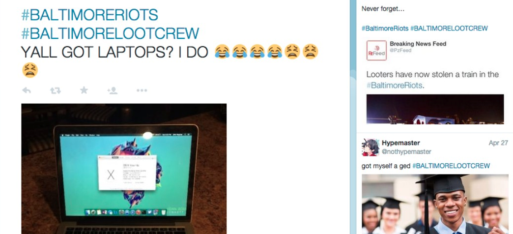 motherboard's tweet photo. Trolls are posing as Baltimore looters on Twitter:
http://t.co/N7t5dqcMfw http://t.co/NxbLocP00g