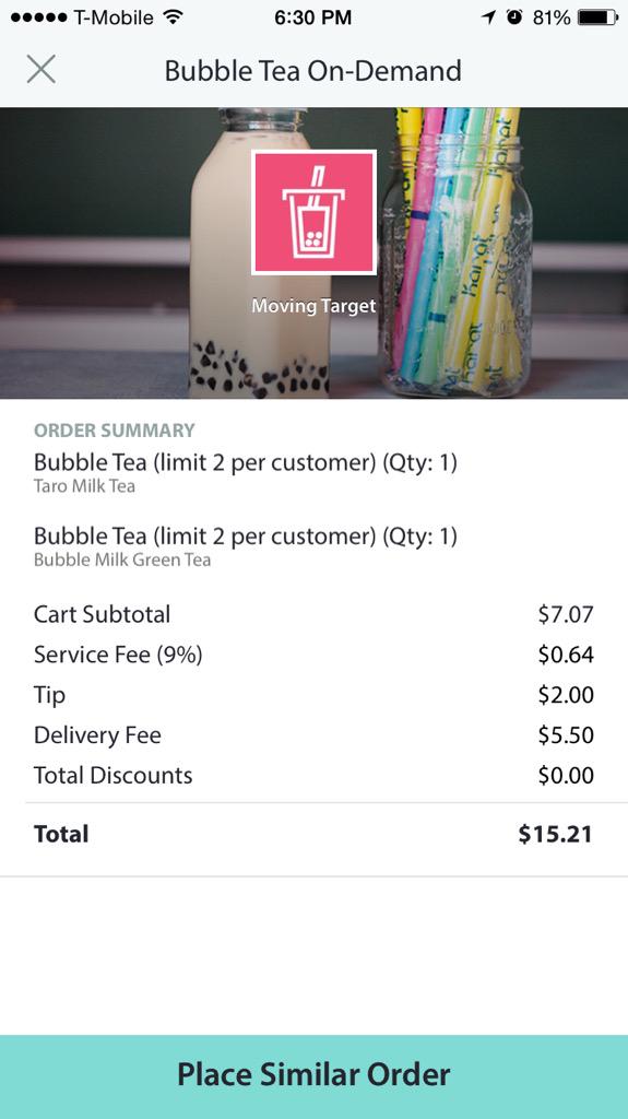 higretchen's tweet photo. @Postmates weren't you supposed to "cover the tea"? #NotCool http://t.co/ZykoM71YV2