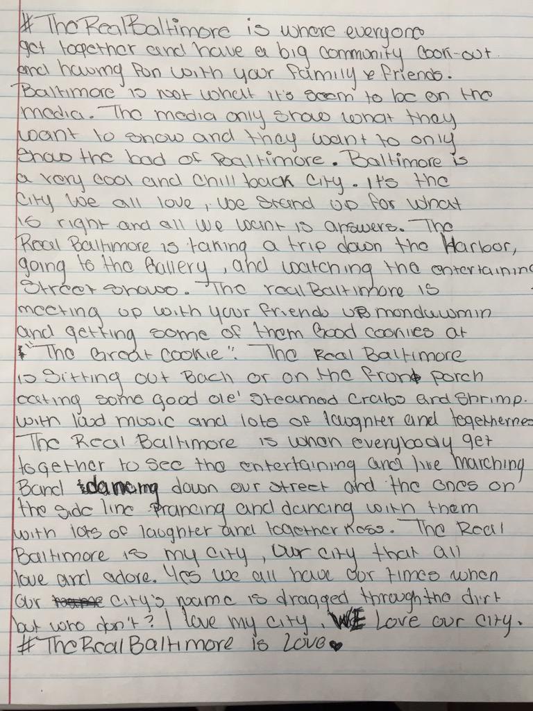 msdurkin14's tweet photo. @BaltCitySchools @TFABaltimore @TeachForAmerica @CoppinAcademy student shares what #therealbaltimore is: http://t.co/n4WLgsG5HF