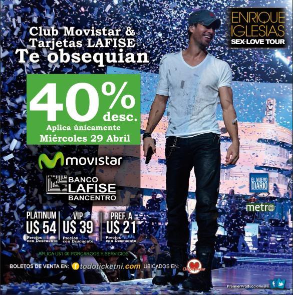 MT <a href="/premierNica/">Premier Producciones</a> Sólo hoy
¡¡ descuento del 40%!! SI, leíste bien...40% te obsequian #ClubMovistar y Tarjetas LAFISE.