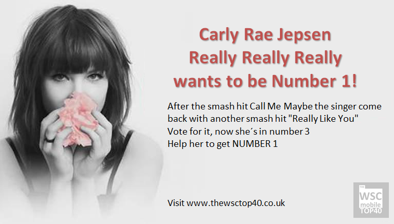 theWSCtop40's tweet photo. Vote for @carlyraejepsen #ReallyLikeYou to get the NUMBER 1 http://t.co/GkqIj18yID