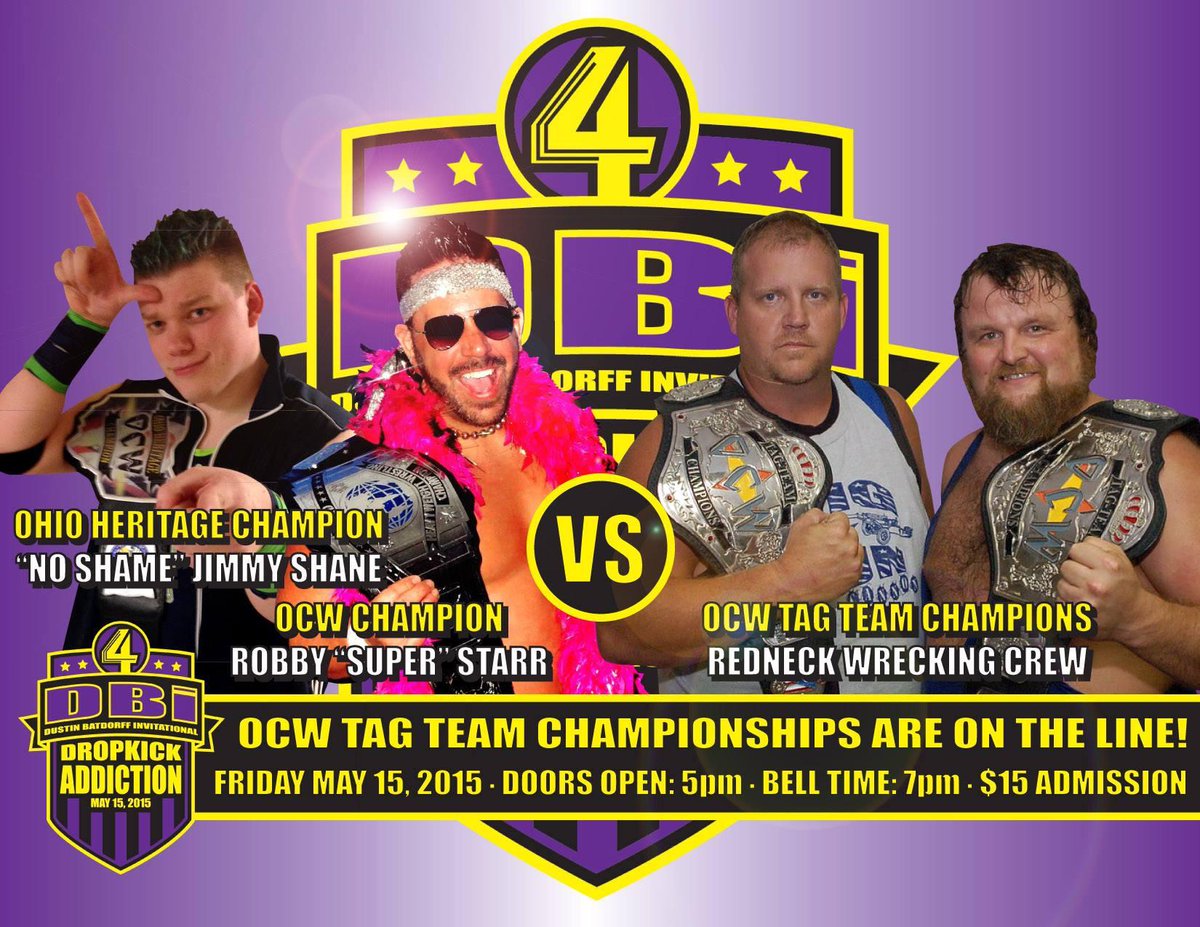DBi_Wrestling's tweet photo. All @OCWonline champions in 1 match! @robbystarr117 @JimmyShane vs @jocksamson and Jeff Cannon at the #DBi4! http://t.co/B7Vme8opbd