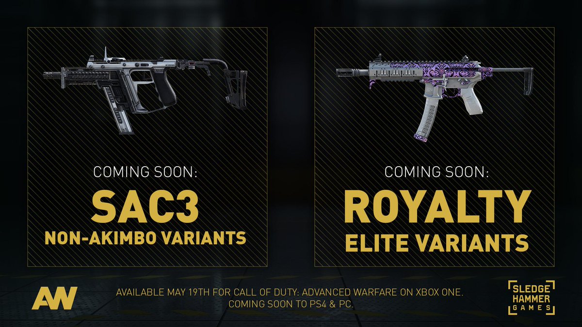 SHGames's tweet image. BLOG: #SAC3 Variants &amp;amp; #AWRoyalty Variants are coming to #AdvancedWarfare (XB1) on May 19! bit.ly/1EI9a4Z