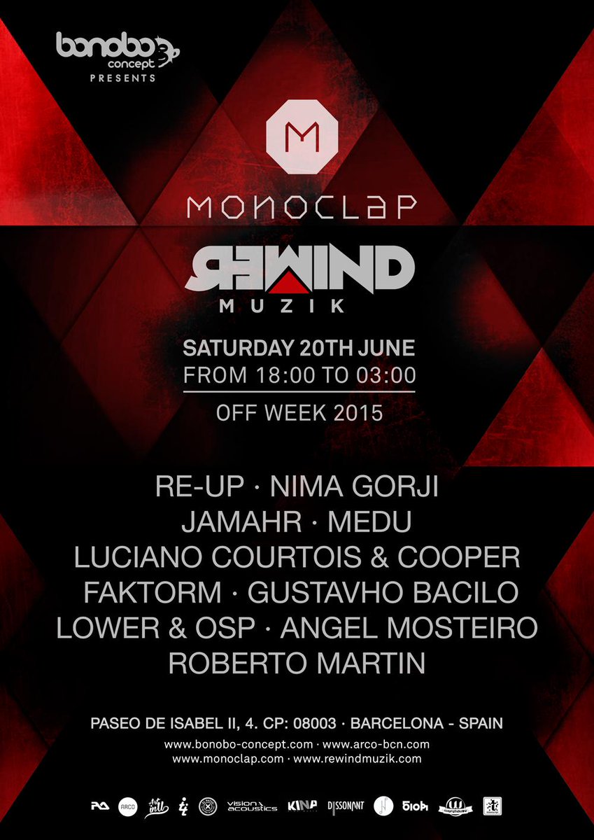 RewindMuzik's tweet photo. See you 20th June at #ARCO Barcelona!
@Monoclap & @RewindMuzik
#OffWeek2015 #Showcase #Warehouse #Barcelona http://t.co/y0F269utM7