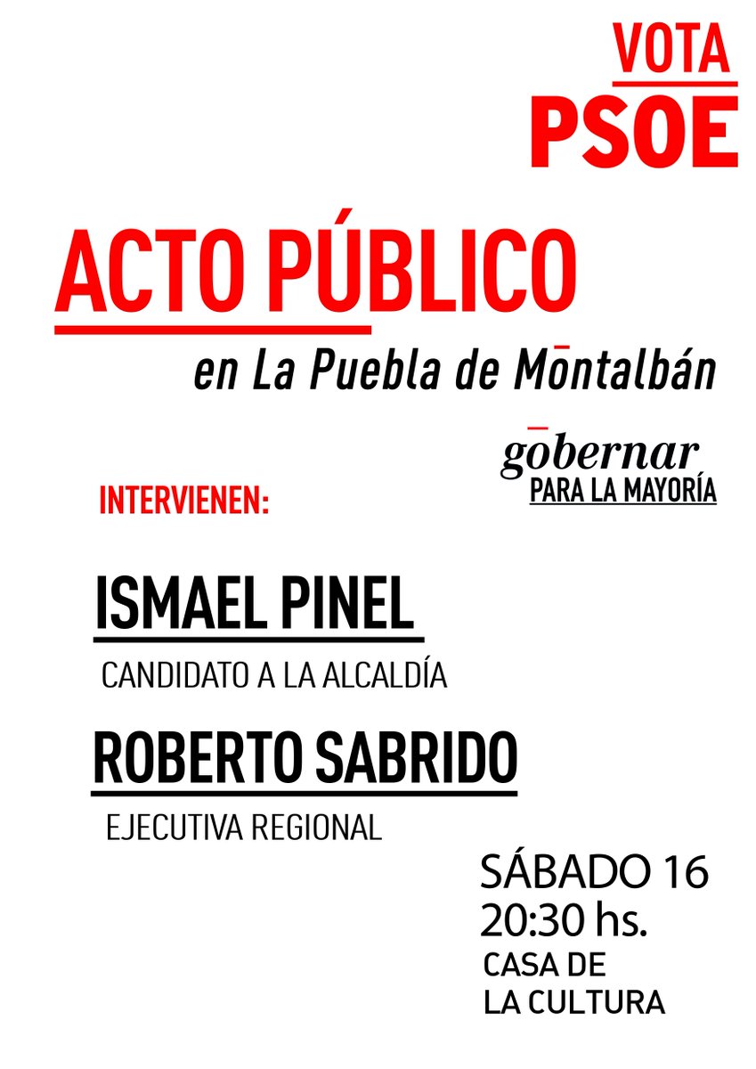 PSOE_PueblaM's tweet photo. Acto Público el 16 de Mayo 2015 a las 20´00h en la Casa Cultura con @SabridoRoberto. Explicando el Programa Electoral http://t.co/VHcrWz7JsZ