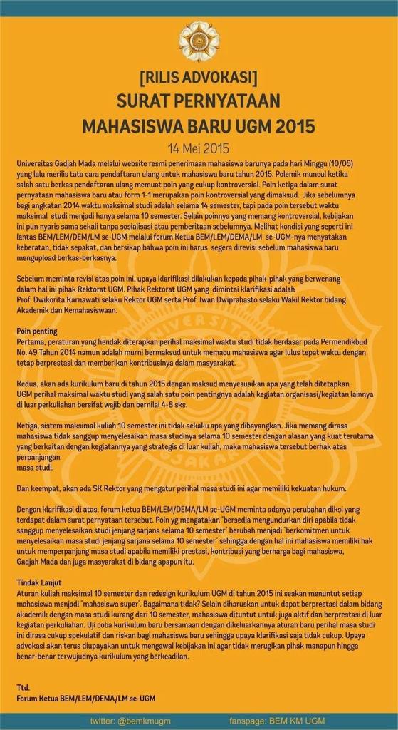 BEMFGEUGM's tweet photo. Kpd maba 2015, srt pernyataan maba/ form 1-1 sdh berhasil diadvokasikan &amp; silahkan mengisi &amp; menguploadnya segera thx http://t.co/qhWan5OrNm