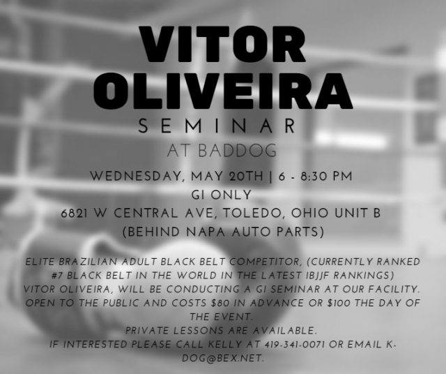 BaddogSports's tweet photo. Spend an evening with elite Brazilian black belt Vitor Oliveira this Wednesday! #Toledo #MMA http://t.co/M3RAsyG3GI