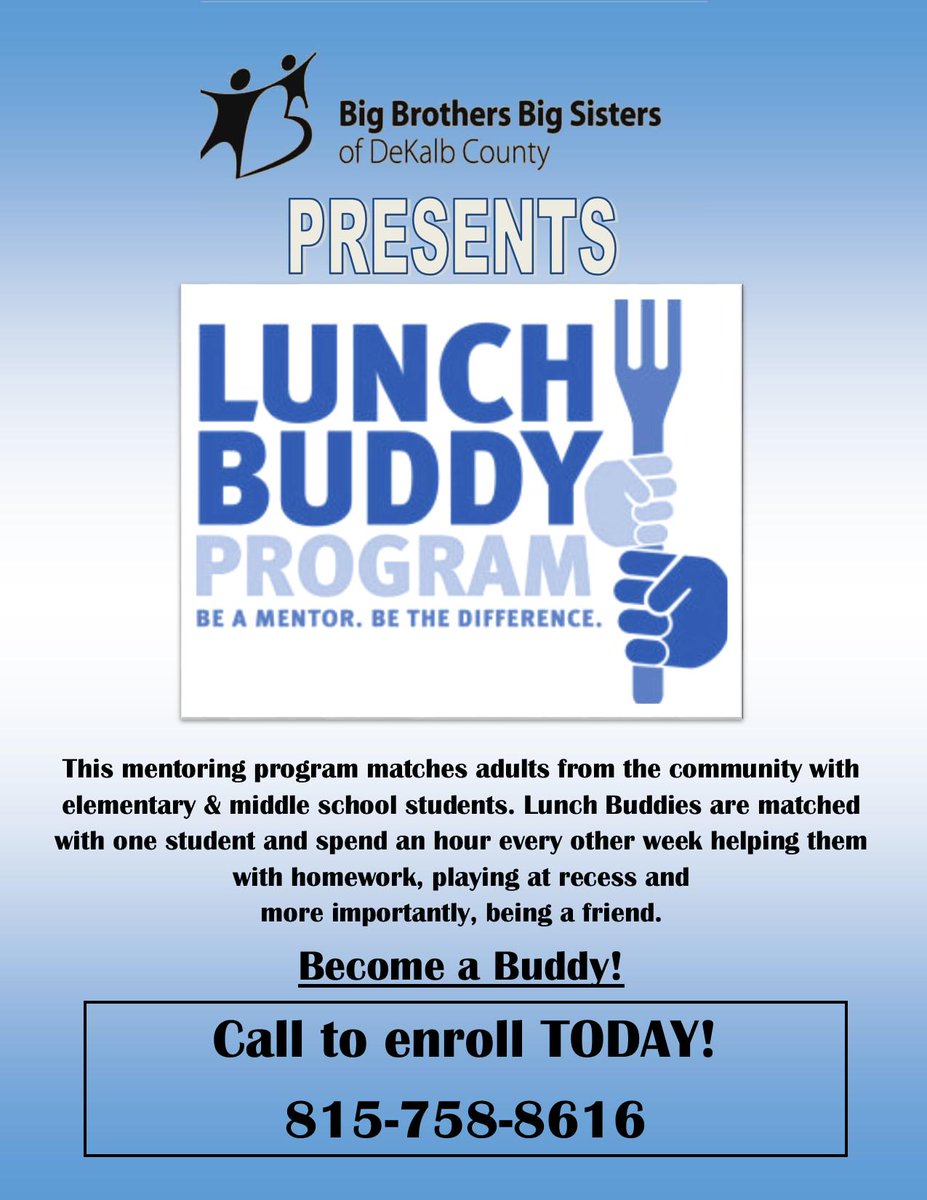 BBBSDeKalb's tweet photo. We are expanding Lunch Buddies and need your help with recruiting! Spread the word we need more mentors! #bbbsdekalb http://t.co/BHUWVJDnqj